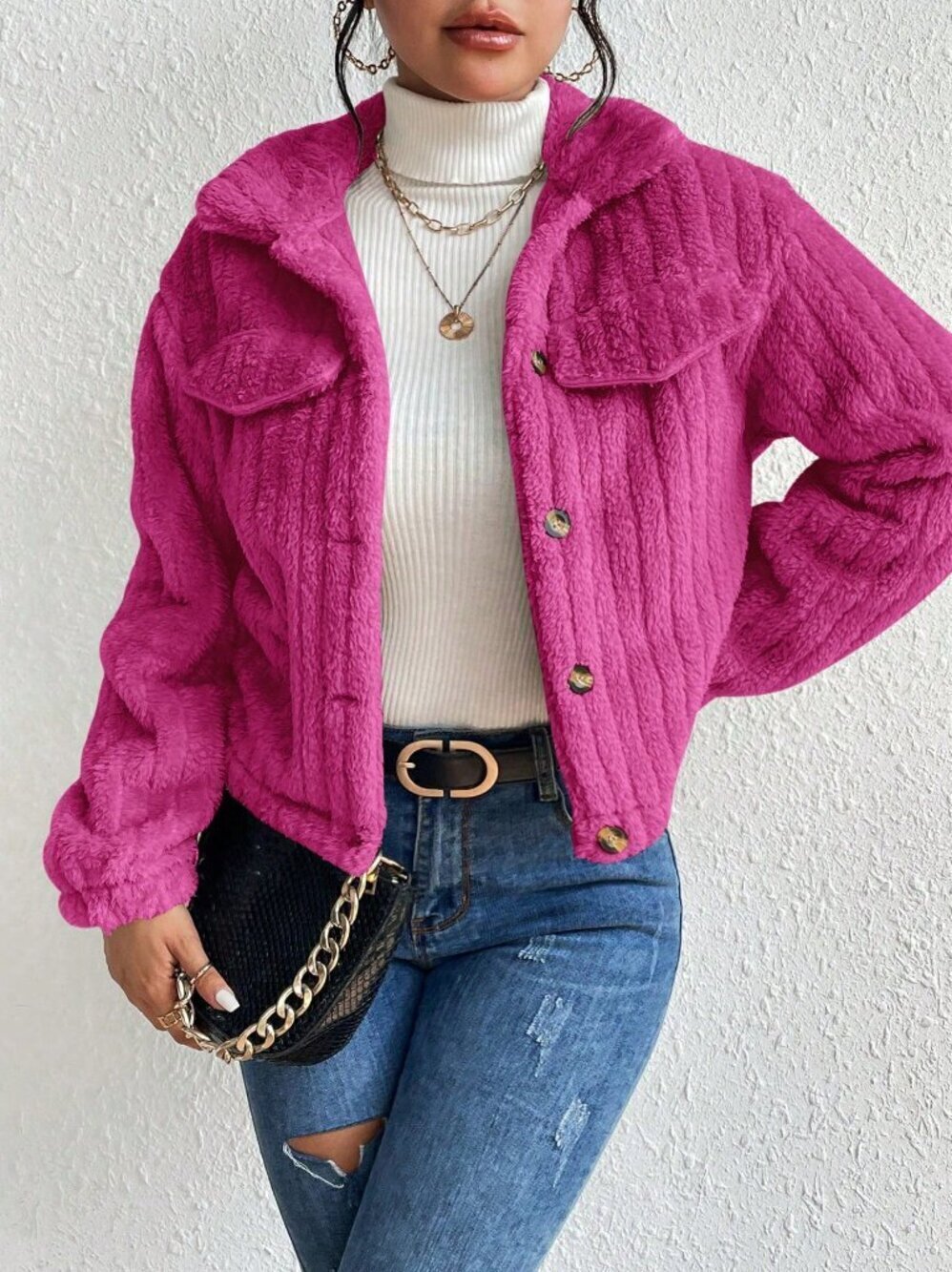 Rose Red Casual Women's Front Button Ribbed Fleece Jacket